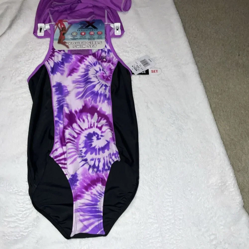 ZEROXPOSUR YOUTH GIRLS SWIM SET 2-PCS SWIM SET SIZE L 14 PURPLE & BLACK BRANDNEW